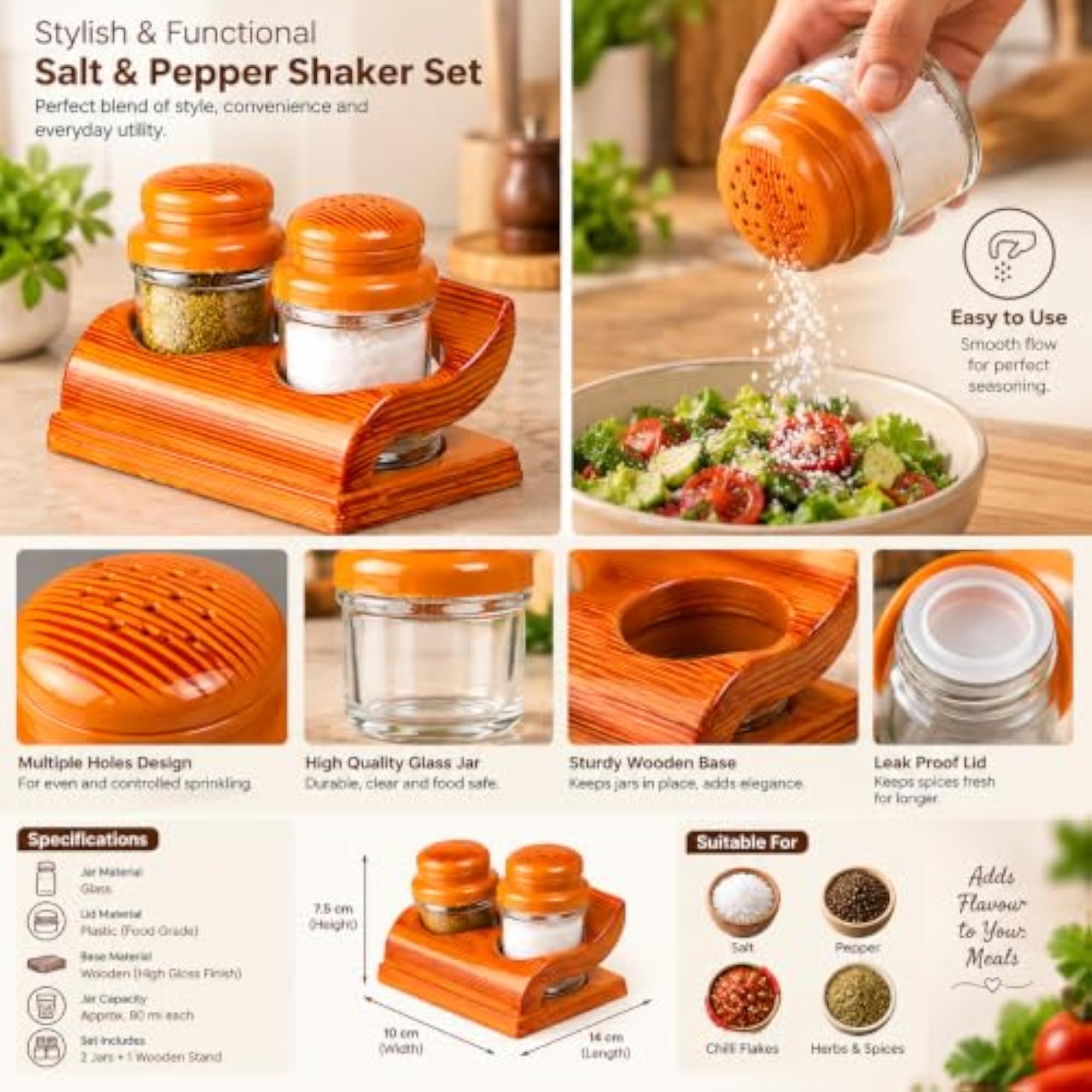 Decorative Salt and Pepper Shaker Set with Wooden Stand